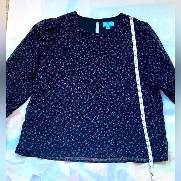 CeCe black floral long sleeve with velvet dot women blouse top large - Picture 3 of 11